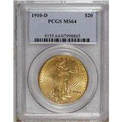 1910-D $20 MS64 PCGS. Hints of salmon appear on the hi 