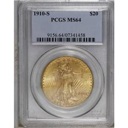 1910-S $20 MS64 PCGS. A solidly struck yellow-orange d 