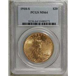 1910-S $20 MS64 PCGS. A pretty near-Gem with delicate 