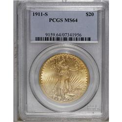 1911-S $20 MS64 PCGS. A highly lustrous piece with str 