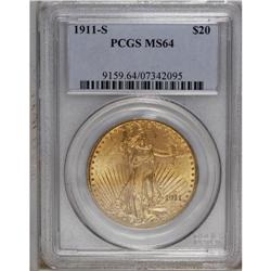 1911-S $20 MS64 PCGS. An attractive honey-gold piece, 