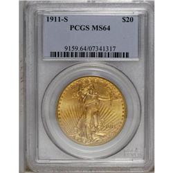 1911-S $20 MS64 PCGS. Satiny and well struck with peac 