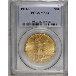 1911-S $20 MS64 PCGS. A sharply struck and highly lust 