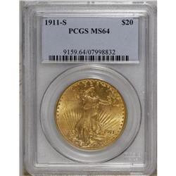 1911-S $20 MS64 PCGS. A charming yellow-orange near-Ge 