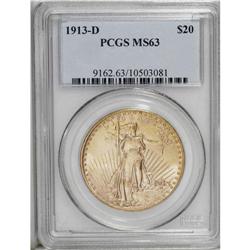 1913-D $20 MS63 PCGS. A crisply struck yellow-gold dou 