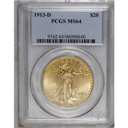 1913-D $20 MS64 PCGS. A Choice and highly lustrous pie 