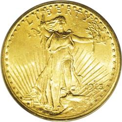 1913-S $20 MS64 PCGS. Bright satiny luster highlights 