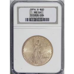 1914-S $20 MS64 NGC. Hints of lime overlie the pale or 