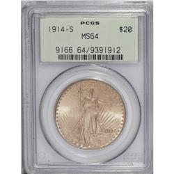 1914-S $20 MS64 PCGS. A lovely peach-gold near-Gem tha 