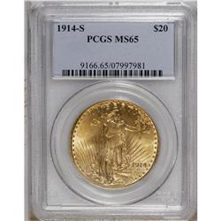 1914-S $20 MS65 PCGS. An attractive wheat-gold near-Ge 