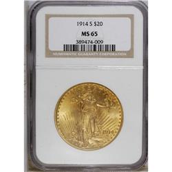1914-S $20 MS65 NGC. Shades of apricot-gold patina cas 