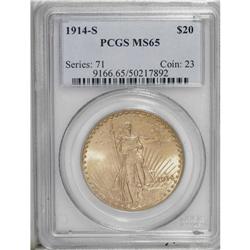 1914-S $20 MS65 PCGS. A shining yellow-gold Gem that h 