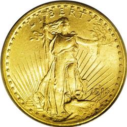 1915-S $20 MS64 PCGS. A solidly struck yellow-orange d 