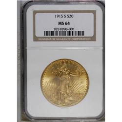 1915-S $20 MS64 NGC. Lemon-yellow accents appear on ea 