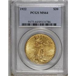 1922 $20 MS64 PCGS. A charming yellow-orange double ea 