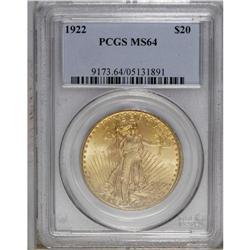 1922 $20 MS64 PCGS. Highly lustrous with a typical str 