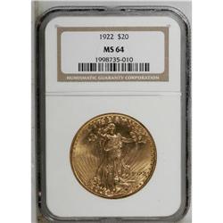 1922 $20 MS64 NGC. A shining near-Gem that has excelle 