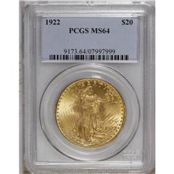 1922 $20 MS64 PCGS. A typically struck piece with plea 