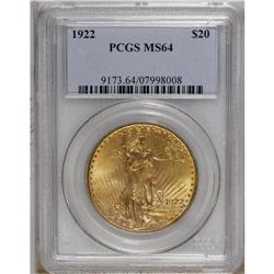 1922 $20 MS64 PCGS. Pale orange accents enliven the hi 