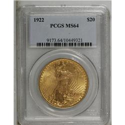 1922 $20 MS64 PCGS. This yellow-gold near-Gem has hint 