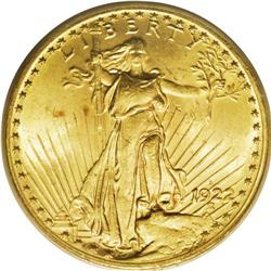 1922-S $20 MS63 PCGS. This heavily melted S-mint displ 