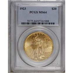 1923 $20 MS64 PCGS. A highly lustrous honey-gold near- 
