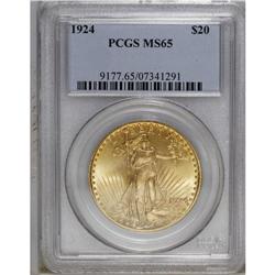 1924 $20 MS65 PCGS. A highly lustrous straw-gold Gem e 