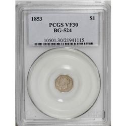 1853 $1 Liberty Octagonal 1 Dollar, BG-524, High R.6, 