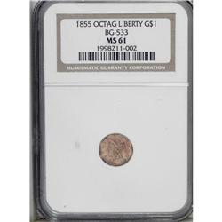 1855 $1 Liberty Octagonal 1 Dollar, BG-533, Low R.4, M 