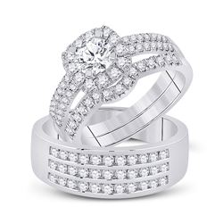 His Hers Round Diamond Halo Matching Wedding Set 2 Cttw 14kt White Gold - REF-203R9X