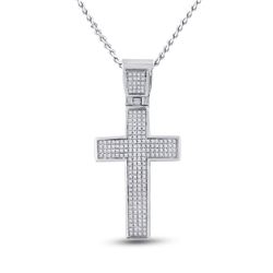 Mens Round Diamond Cross Charm Pendant 1/2 Cttw 10kt White Gold - REF-35R9X