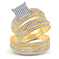 His Hers Round Diamond Cluster Matching Wedding Set 7/8 Cttw 10kt Yellow Gold - REF-60Y9N