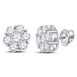 Womens Round Diamond Flower Cluster Earrings 2-1/2 Cttw 14kt White Gold - REF-241M5H