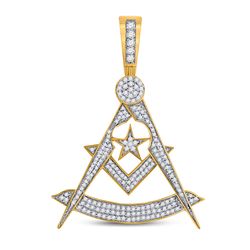 Mens Round Diamond Freemason Compass Charm Pendant 7/8 Cttw 10kt Yellow Gold - REF-38H9R