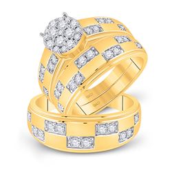 His Hers Round Diamond Cluster Matching Wedding Set 1 Cttw 14kt Yellow Gold - REF-98R5X