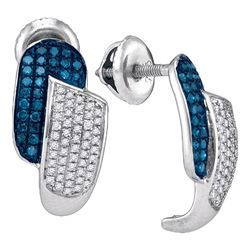 Womens Round Blue Color Enhanced Diamond J Half Hoop Earrings 1/2 Cttw 10kt White Gold - REF-25N9F