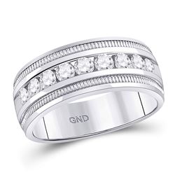 Mens Round Diamond Single Row Textured Wedding Band Ring 1 Cttw 14kt White Gold - REF-126A9M