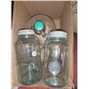 BOX OF LRG ANTIQUE MASON JARS W/ GLASS SEALERS