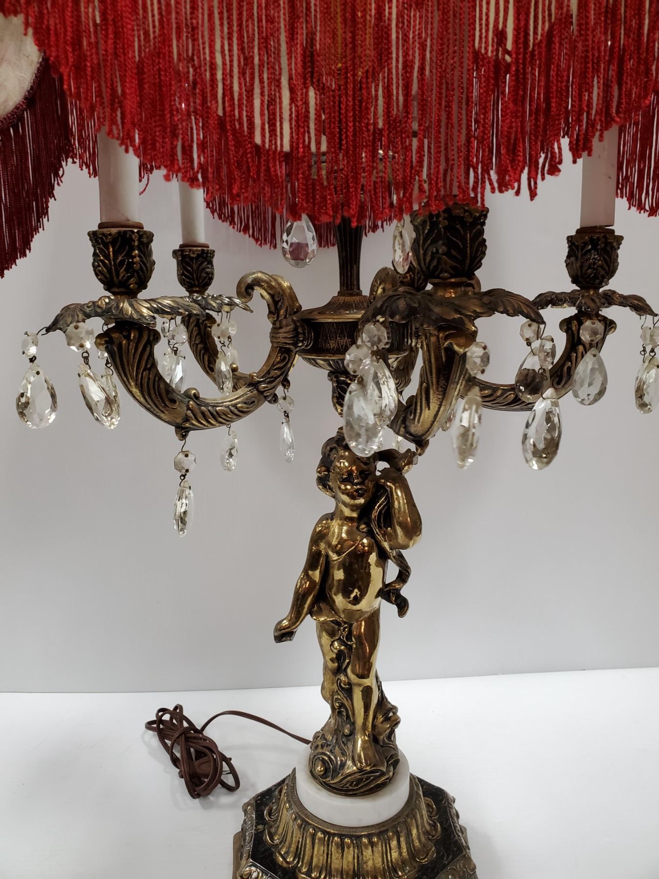 1950'S HEAVY BRASS CHERUB LAMP WITH CRYSTAL DROPS