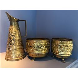 Vintage Brass Pitcher and 2 Planters