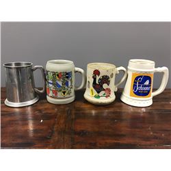 3 ceramic beer mugs and 1 metal