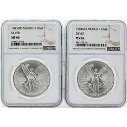 Set of 1983MO-1984MO Mexico 1 Onza Silver Libertad Coins NGC MS66