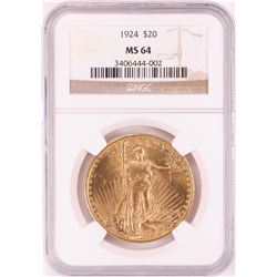 1924 $20 St. Gaudens Double Eagle Gold Coin NGC MS64