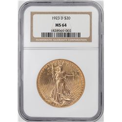 1923-D $20 St. Gaudens Double Eagle Gold Coin NGC MS64