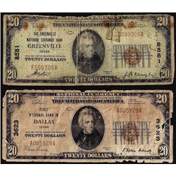 Lot of (2) 1929 $20 Dallas & Greenville, Texas CH# 8581/3623 National Currency Notes