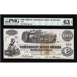 1862 $100 Confederate States of America Note T-40 PMG Choice Uncirculated 63EPQ