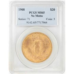 1908 No Motto $20 St Gaudens Double Eagle Gold Coin PCGS MS65