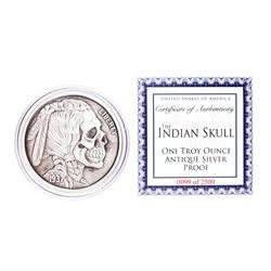 United Snakes of America Indian Skull 1 oz Antique Silver Proof Round w/COA