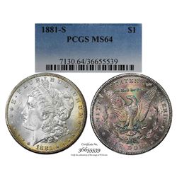 1881-S $1 Morgan Silver Dollar Coin PCGS MS64 Amazing Toning