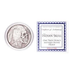 United Snakes of America Indian Skull 1 oz Antique Silver Proof Round w/COA